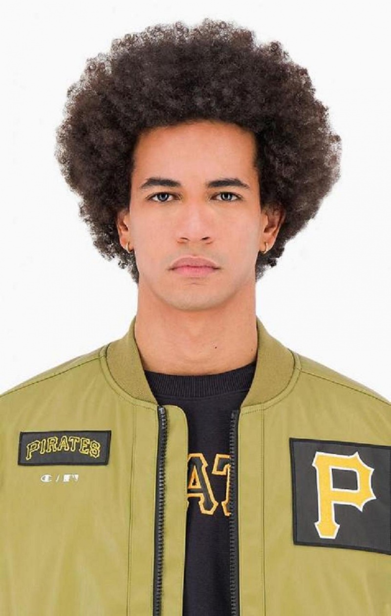 Champion Pittsburgh MLB Fake Bőr Bomber Jacket Férfi Kabát Olivazöld Zöld | 9045-ZJTLY