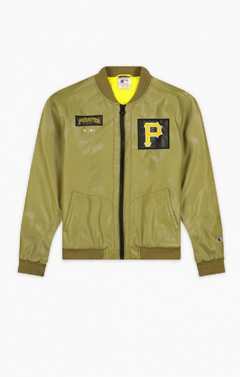 Champion Pittsburgh MLB Fake Bőr Bomber Jacket Férfi Kabát Olivazöld Zöld | 9045-ZJTLY