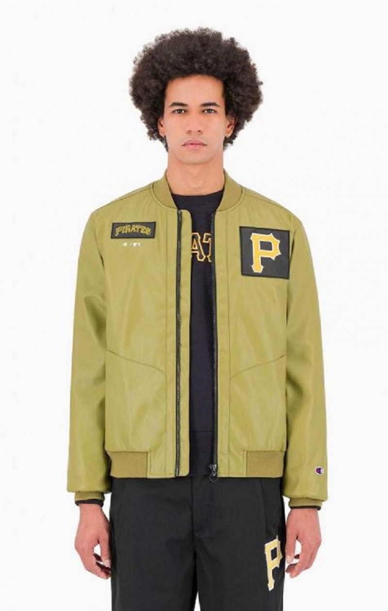 Champion Pittsburgh MLB Fake Bőr Bomber Jacket Férfi Kabát Olivazöld Zöld | 9045-ZJTLY