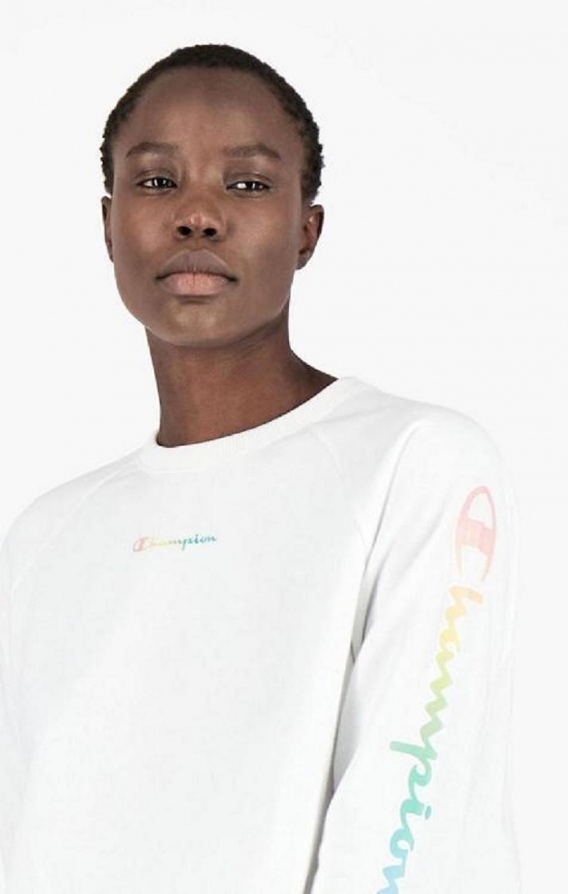 Champion Rainbow Script Logo Print Cropped Sweatshirt Női Pulóverek Fehér | 9357-HNEMK