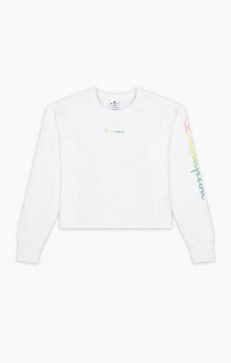 Champion Rainbow Script Logo Print Cropped Sweatshirt Női Pulóverek Fehér | 9357-HNEMK