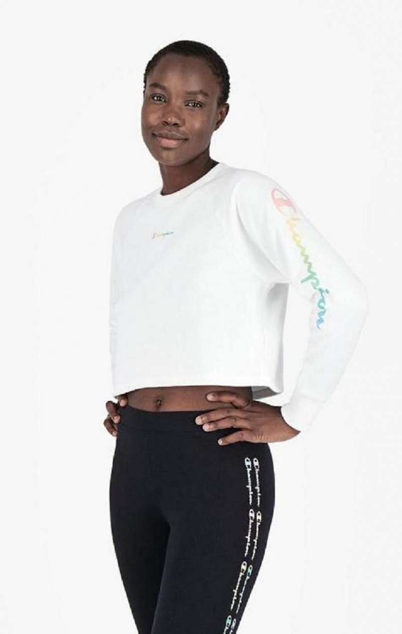 Champion Rainbow Script Logo Print Cropped Sweatshirt Női Pulóverek Fehér | 9357-HNEMK