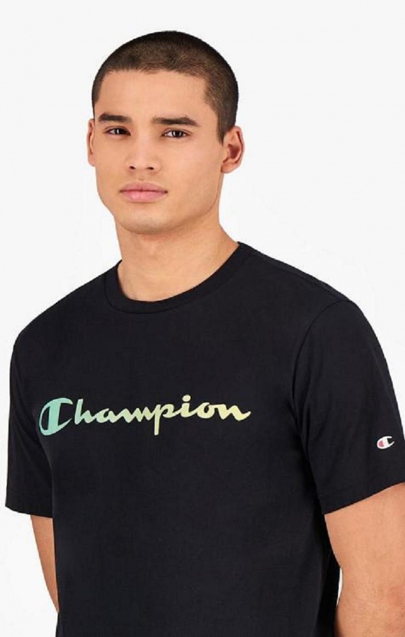 Champion Rainbow Script Logo T-Shirt Férfi Póló Fekete | 3921-IQZXK