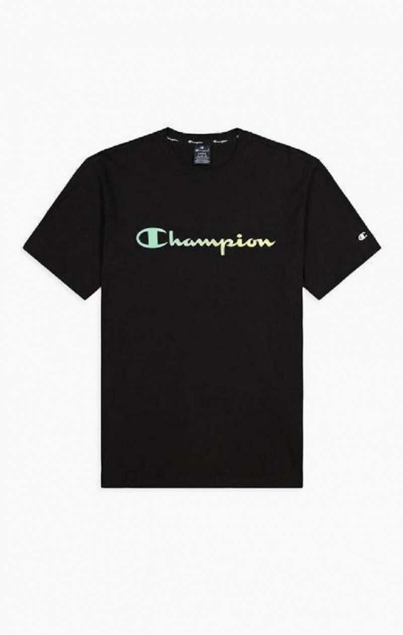 Champion Rainbow Script Logo T-Shirt Férfi Póló Fekete | 3921-IQZXK