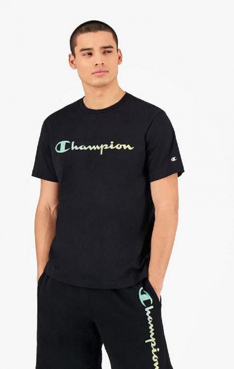 Champion Rainbow Script Logo T-Shirt Férfi Póló Fekete | 3921-IQZXK