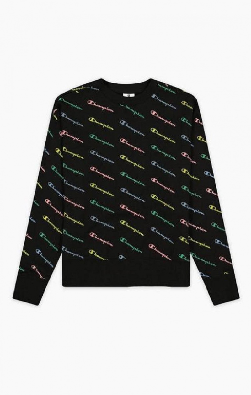 Champion Repeat Rainbow Script Logo Print Sweatshirt Női Pulóverek Fekete | 4076-ESPID