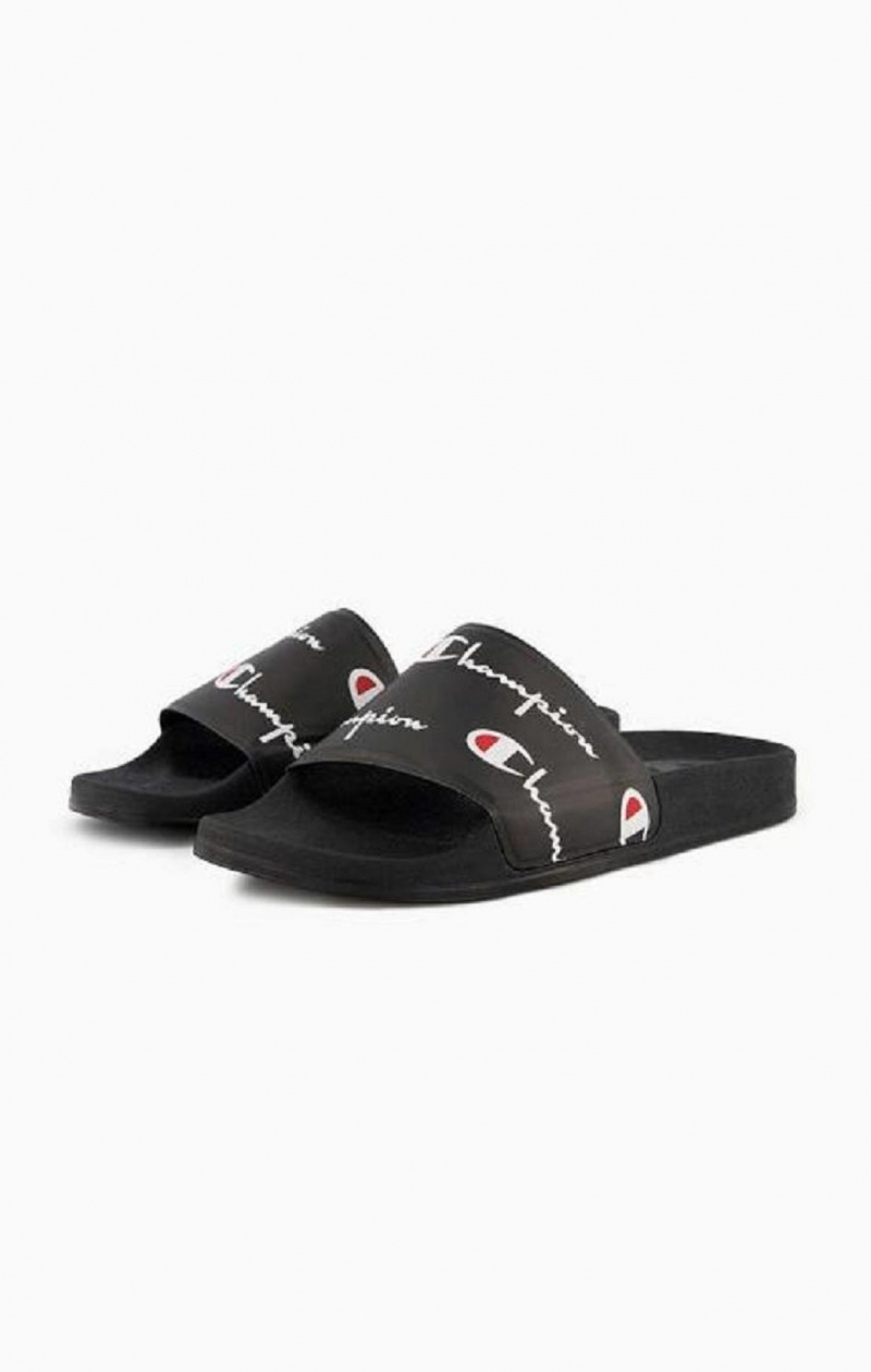 Champion Repeat Script Logo Print Pool Slides Férfi Papucs Fekete | 0426-IZYDM