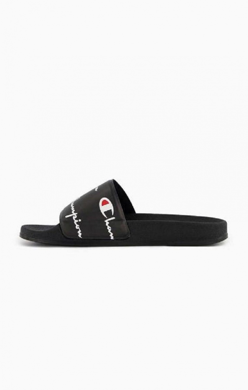 Champion Repeat Script Logo Print Pool Slides Női Papucs Fekete | 2435-JRBDZ