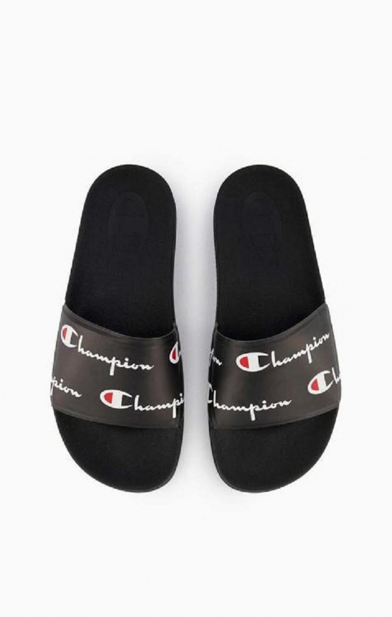 Champion Repeat Script Logo Print Pool Slides Női Papucs Fekete | 2435-JRBDZ