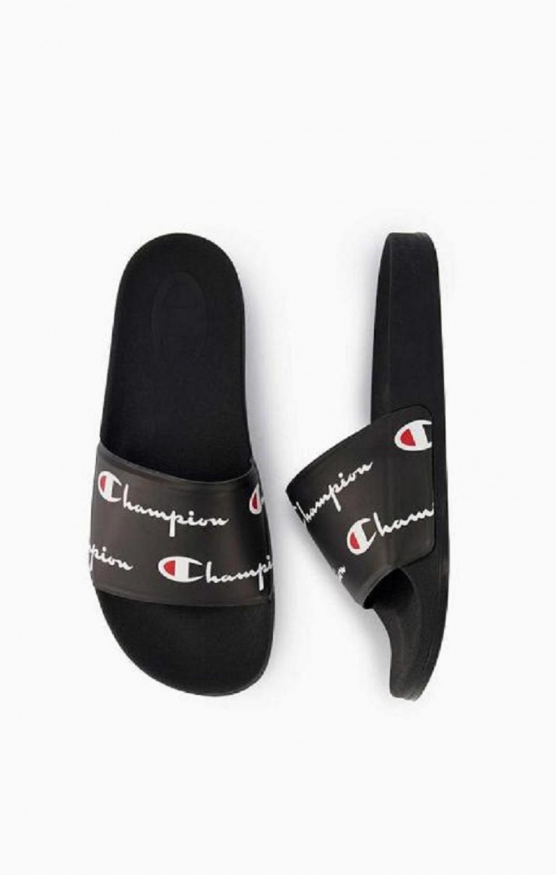 Champion Repeat Script Logo Print Pool Slides Női Papucs Fekete | 2435-JRBDZ