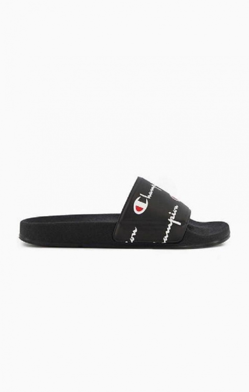 Champion Repeat Script Logo Print Pool Slides Női Papucs Fekete | 2435-JRBDZ