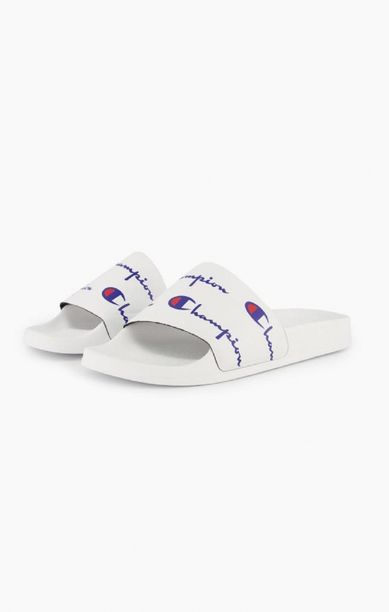 Champion Repeat Script Logo Print Pool Slides Női Papucs Fehér | 5328-NSXEP