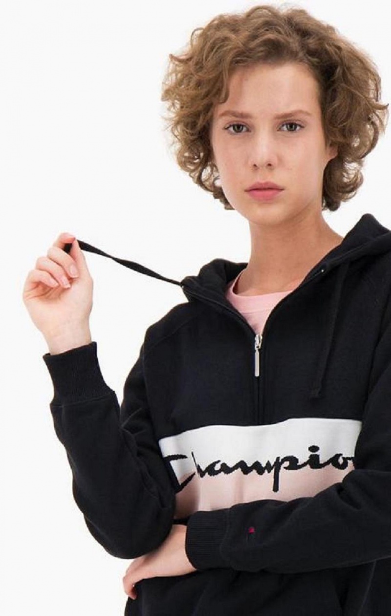 Champion Rib Insert Script Logo Half Zip-Up Hoodie Női Kapucnis Pulóver Fekete | 2436-DRBQX