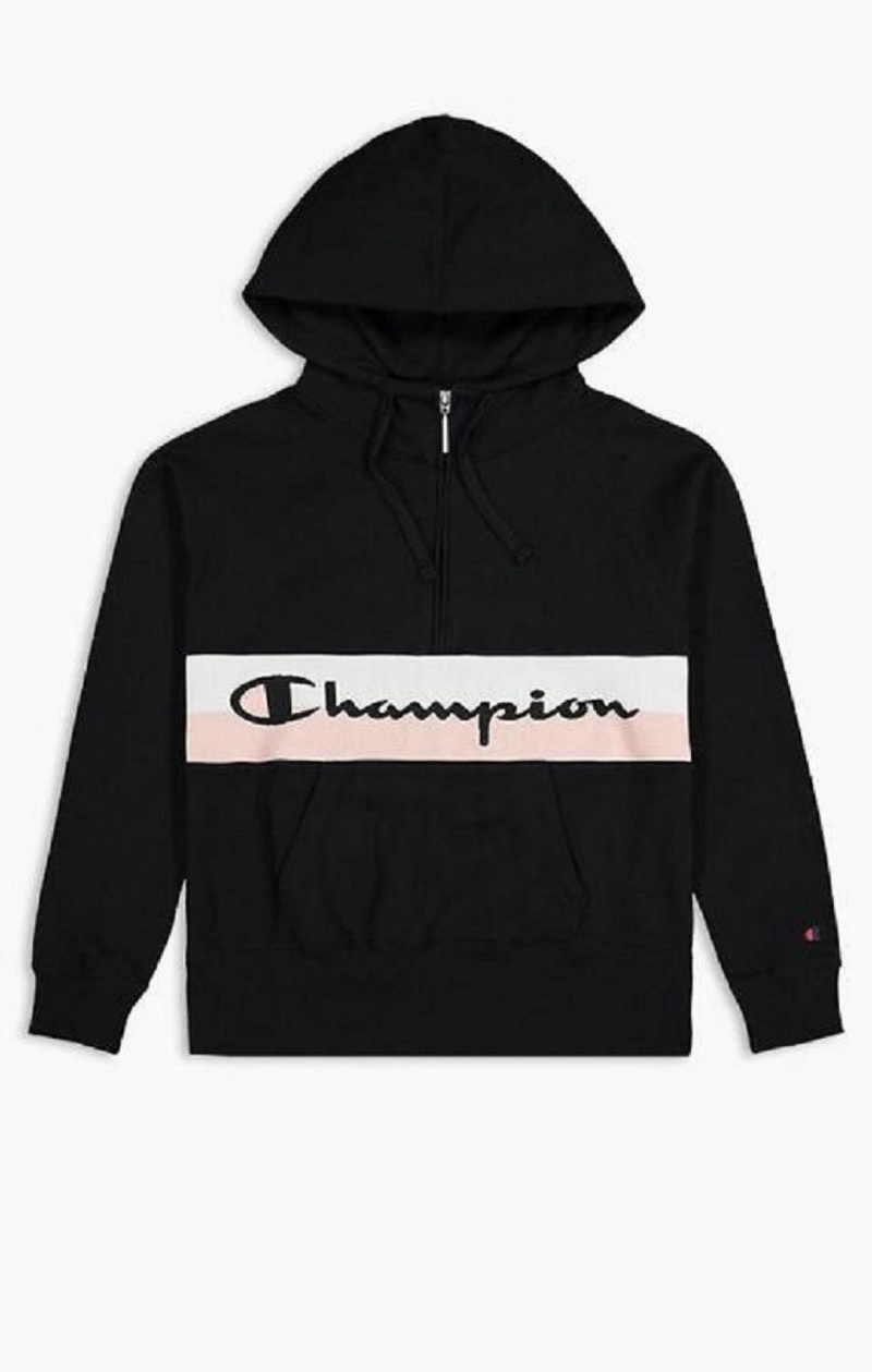 Champion Rib Insert Script Logo Half Zip-Up Hoodie Női Kapucnis Pulóver Fekete | 2436-DRBQX