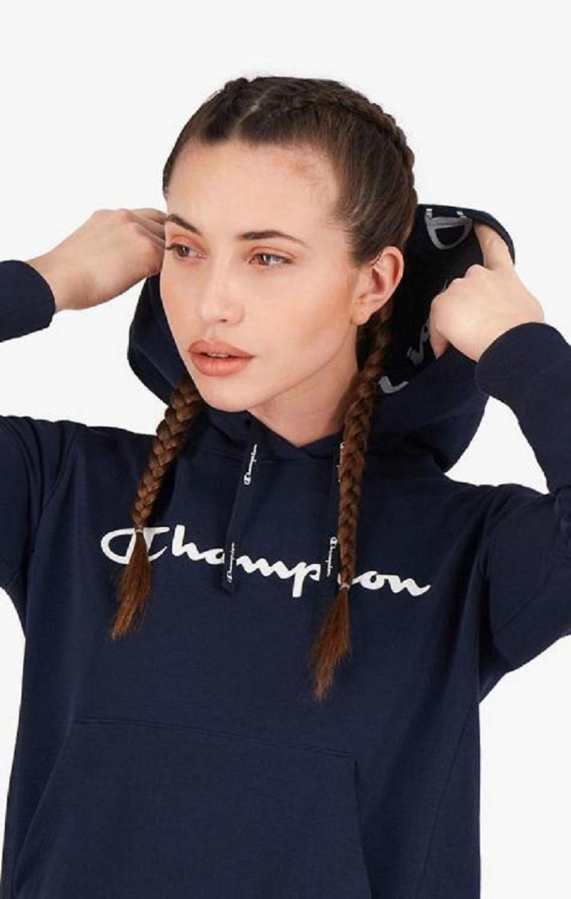 Champion Rubber Script Logo Hoodie Női Kapucnis Pulóver Sötétkék | 2381-IAPWH