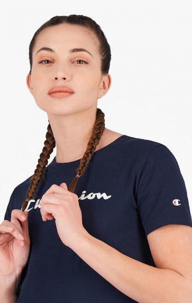 Champion Rubber Script Logo T-Shirt Női Póló Sötétkék | 7504-AVFHL