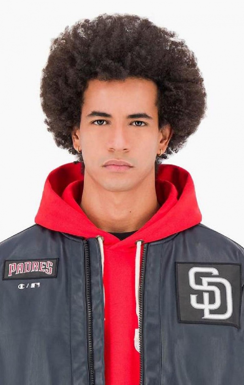 Champion San Diego MLB Fake Bőr Bomber Jacket Férfi Kabát Sötétkék | 7306-XUKRH