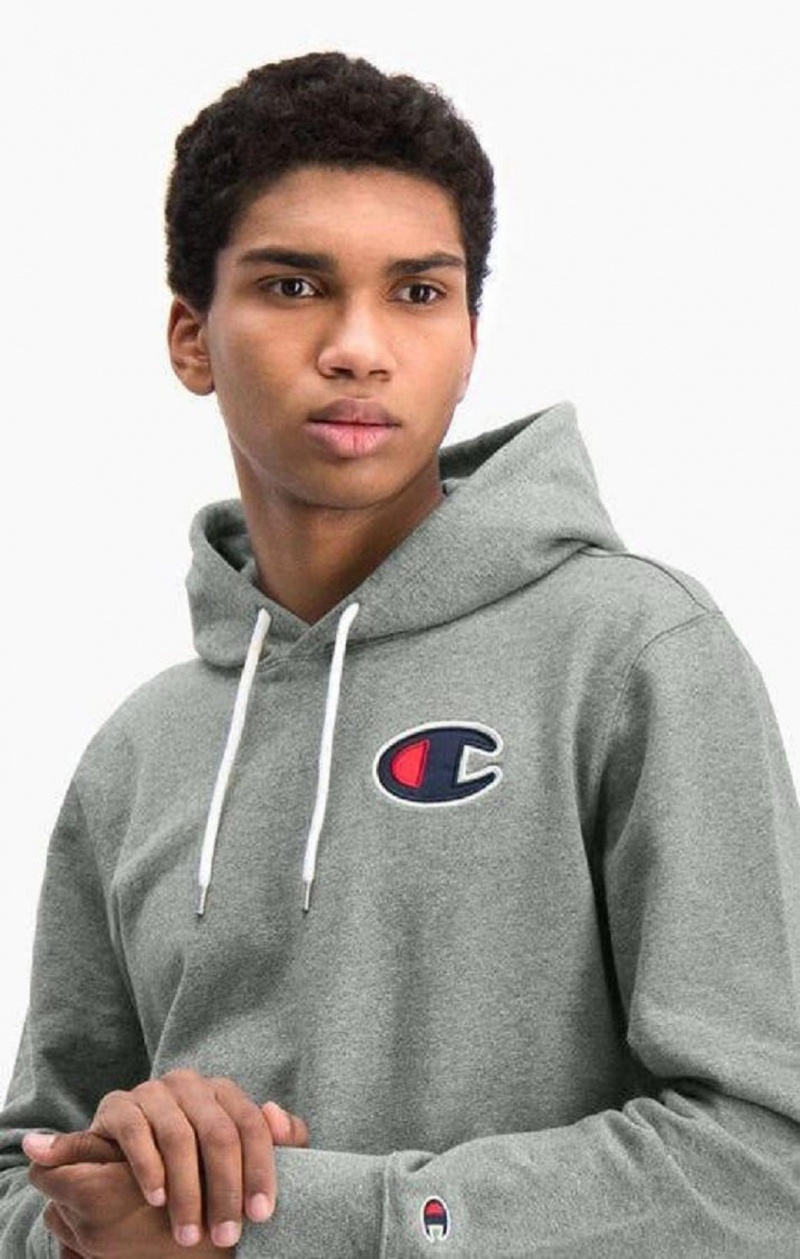 Champion Satin C Logo Pamut Terry Hoodie Férfi Kapucnis Pulóver Sötétszürke | 8654-UCKRI