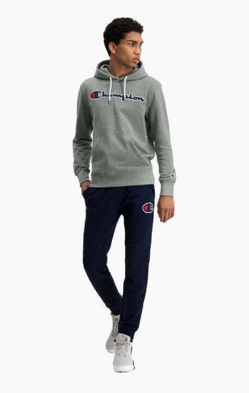 Champion Satin Script Logo Pamut Terry Hoodie Férfi Kapucnis Pulóver Sötétszürke | 6180-CDPFG