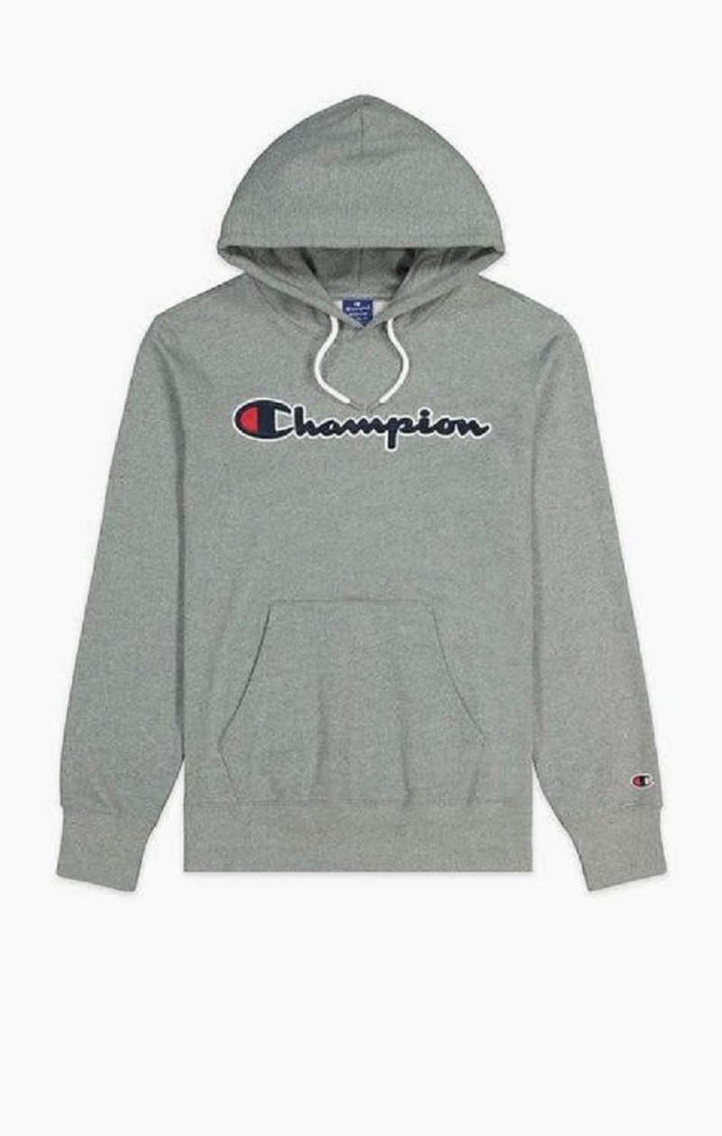 Champion Satin Script Logo Pamut Terry Hoodie Férfi Kapucnis Pulóver Sötétszürke | 6180-CDPFG