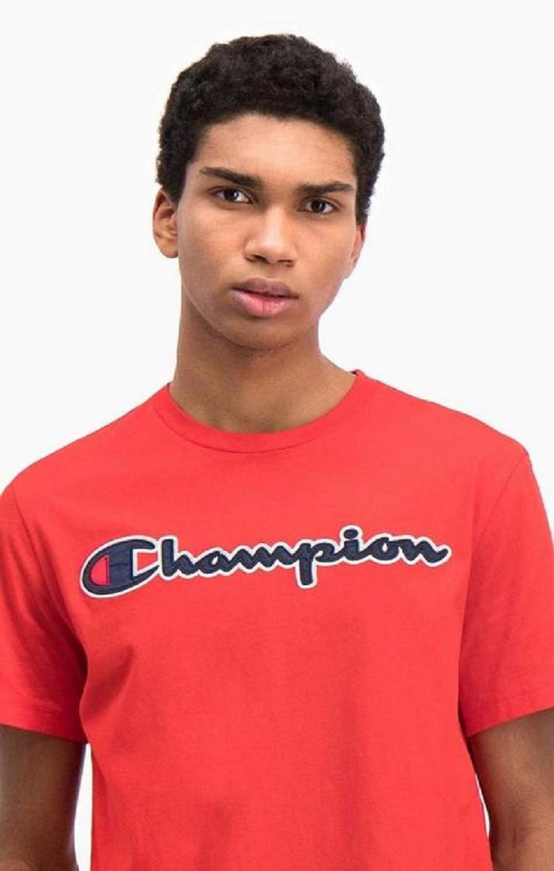 Champion Satin Script Logo T-Shirt Férfi Póló Piros | 3410-NSMDY