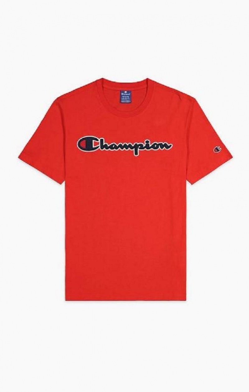 Champion Satin Script Logo T-Shirt Férfi Póló Piros | 3410-NSMDY