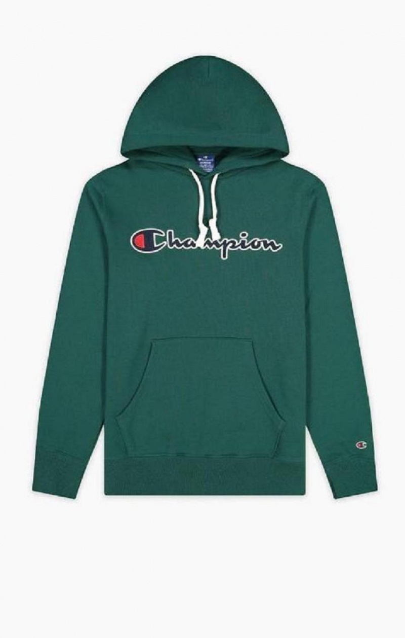 Champion Satin Stitch Script Logo Fleece Hoodie Férfi Kapucnis Pulóver Világos Zöld | 2037-NKYCO