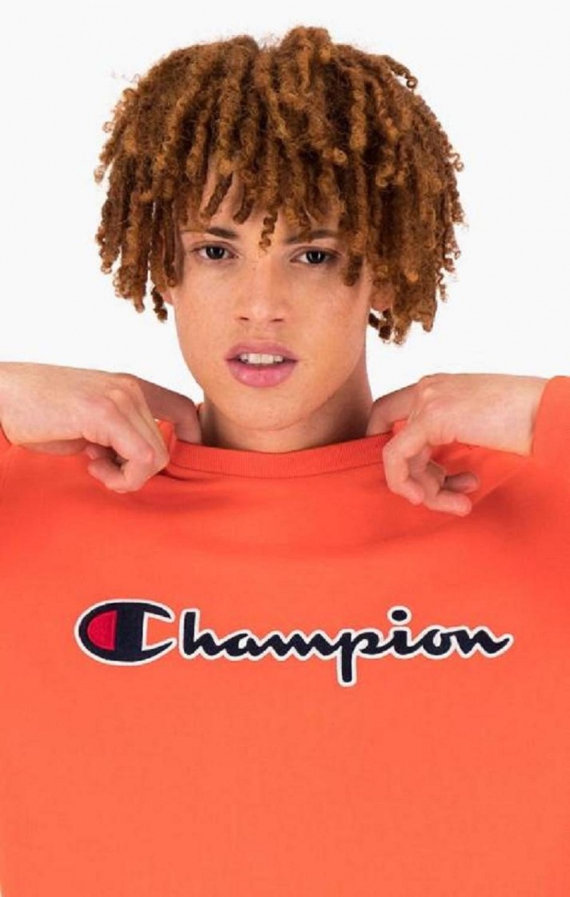 Champion Satin Stitch Script Logo Fleece Sweatshirt Férfi Pulóverek Piros | 0318-RVNAS