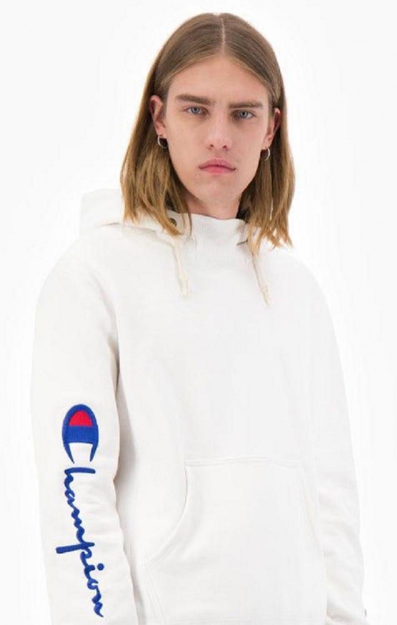 Champion Script Logo Arm Reverse Weave Hoodie Férfi Kapucnis Pulóver Fehér | 3658-RXNHB