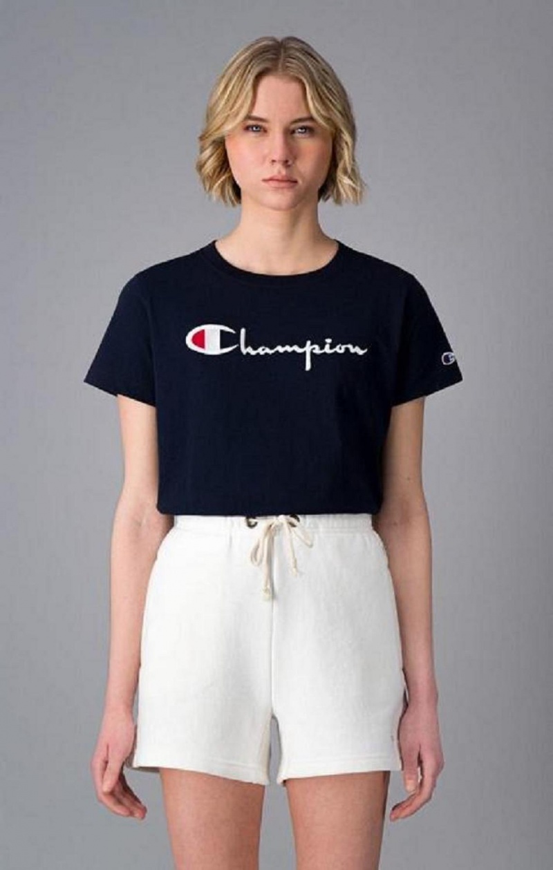 Champion Script Logo Crew Neck T-Shirt Női Póló Sötétkék | 2180-ZQJTK