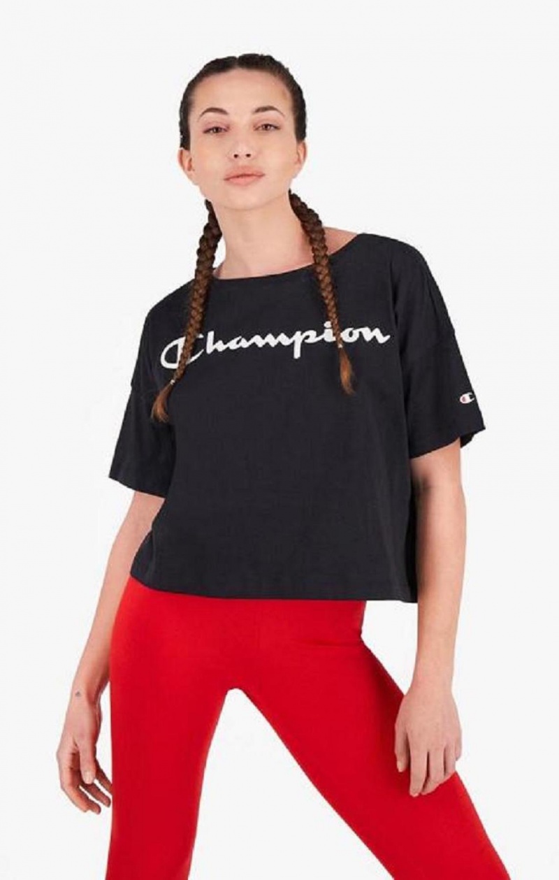 Champion Script Logo Cropped T-Shirt Női Póló Fekete | 3910-EMZHA