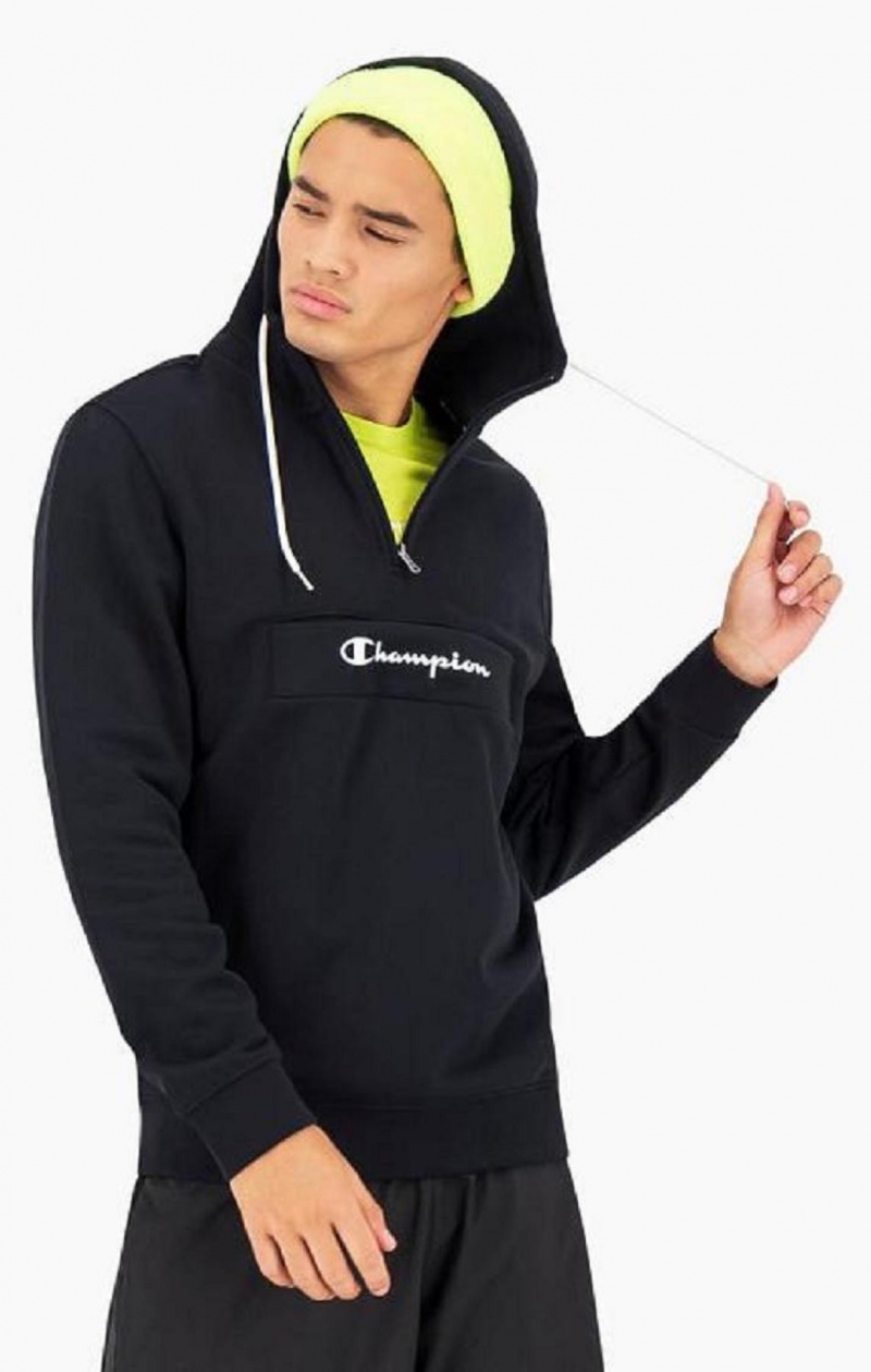 Champion Script Logo Half Zip-Up Hoodie Férfi Kapucnis Pulóver Fekete | 1385-IRJUS