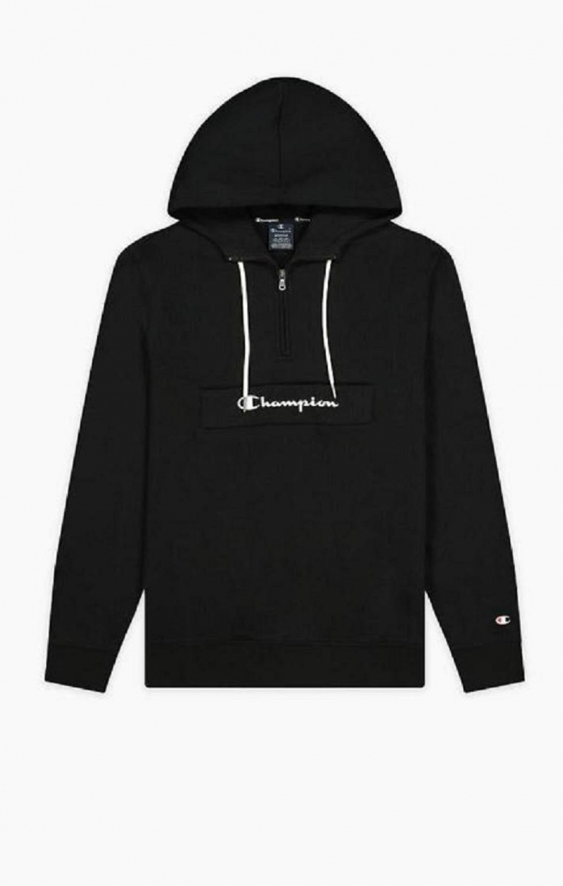 Champion Script Logo Half Zip-Up Hoodie Férfi Kapucnis Pulóver Fekete | 1385-IRJUS