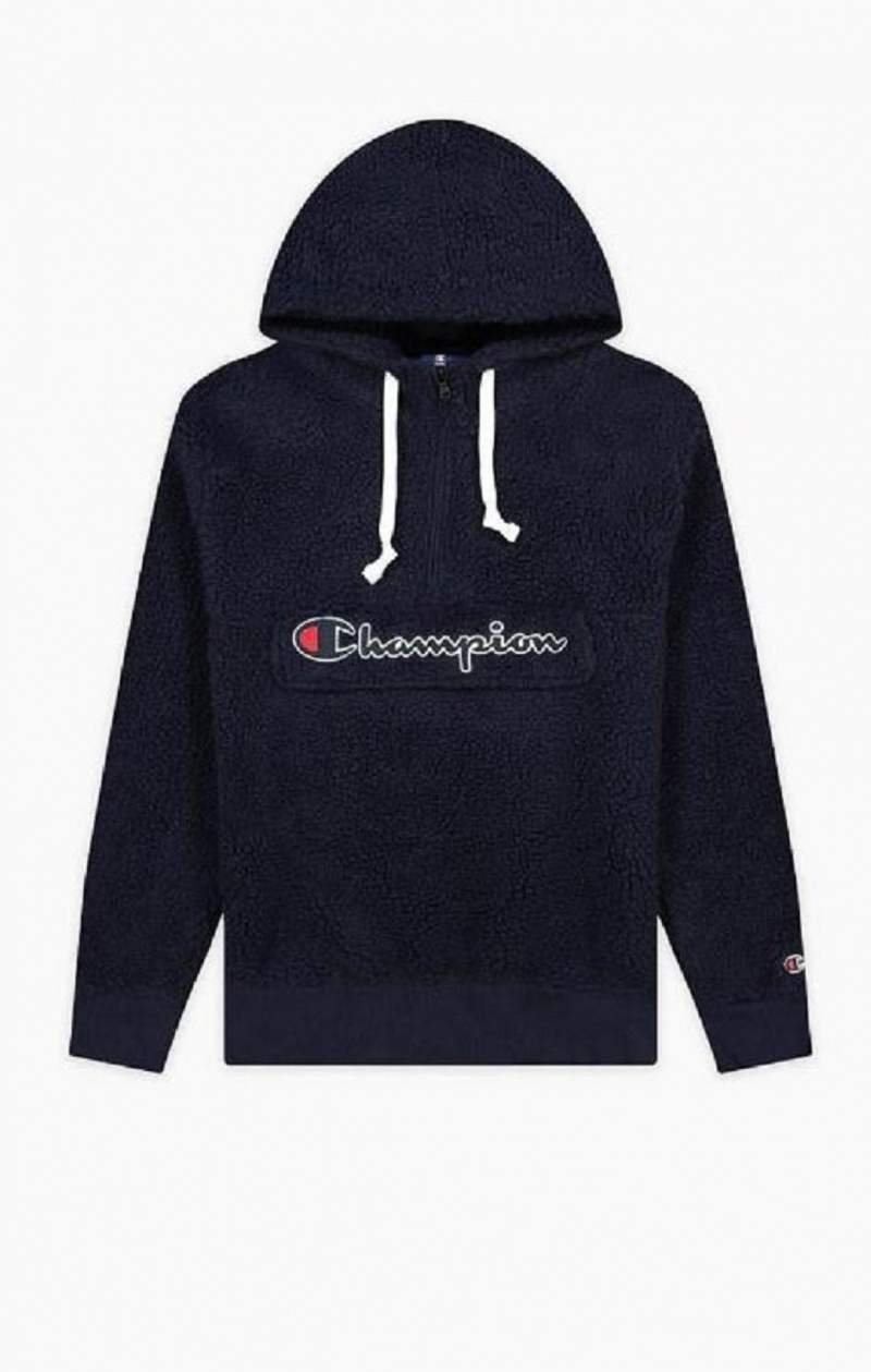 Champion Script Logo Half Zip-Up Hoodie Férfi Kapucnis Pulóver Sötéttürkiz | 6135-XKWAZ