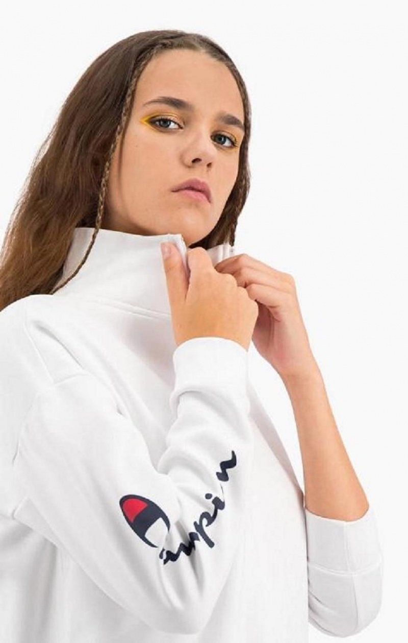 Champion Script Logo Half Zip-Up Shiny Fleece Sweatshirt Női Pulóverek Fehér | 3092-KOAPX