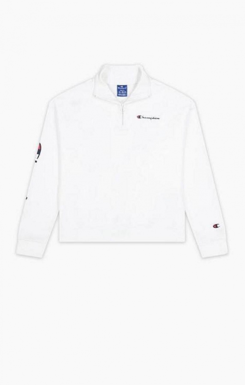 Champion Script Logo Half Zip-Up Shiny Fleece Sweatshirt Női Pulóverek Fehér | 3092-KOAPX