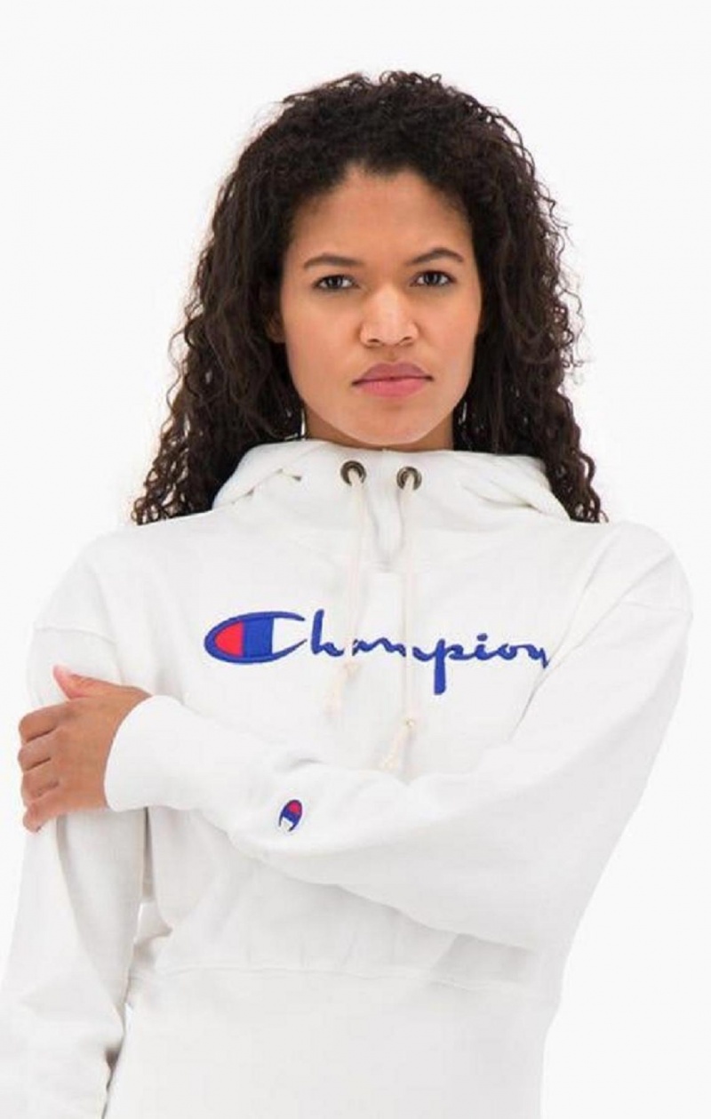 Champion Script Logo High Rib Reverse Weave Hoodie Női Kapucnis Pulóver Fehér | 5083-QLSZT