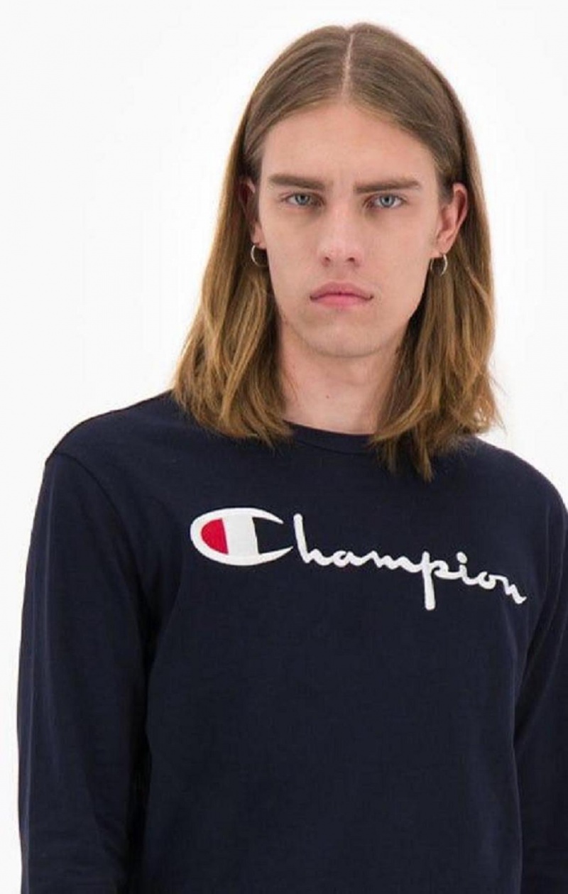 Champion Script Logo Jersey Sweatshirt Férfi Pulóverek Sötétkék | 3269-ZPCUG