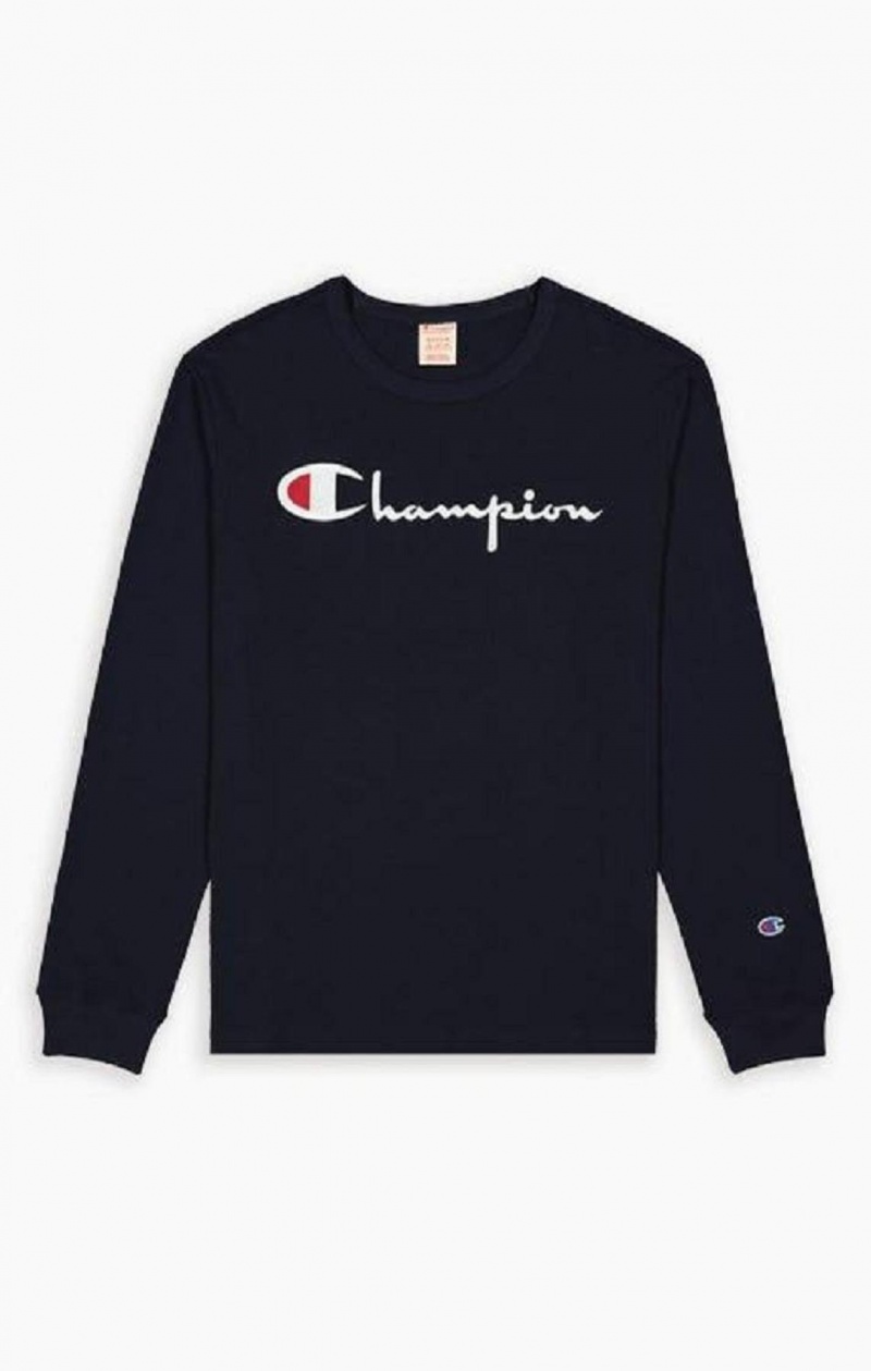 Champion Script Logo Jersey Sweatshirt Férfi Pulóverek Sötétkék | 3269-ZPCUG