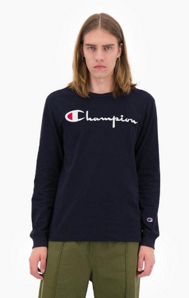 Champion Script Logo Jersey Sweatshirt Férfi Pulóverek Sötétkék | 3269-ZPCUG