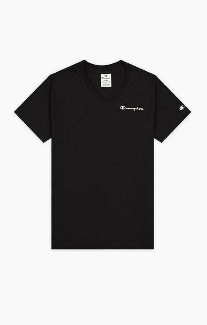 Champion Script Logo Jersey V-Neck T-Shirt Női Póló Fekete | 3402-AVQZE