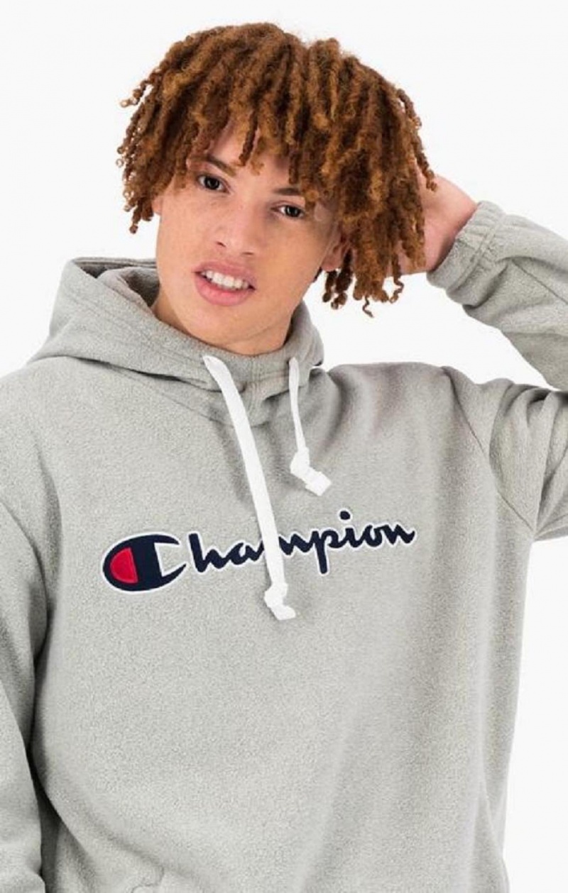 Champion Script Logo Polartech Fleece Hoodie Férfi Kapucnis Pulóver Világos Szürke | 4720-HXGSV