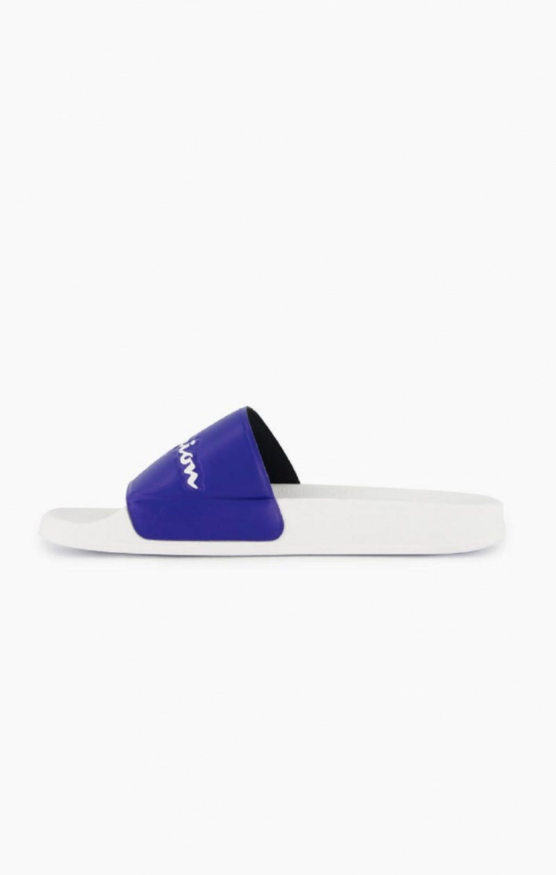 Champion Script Logo Pool Slides Férfi Papucs Fehér Kék | 6092-VNYCP