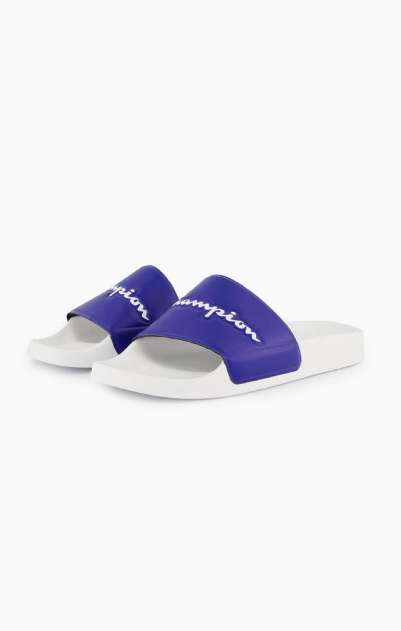 Champion Script Logo Pool Slides Férfi Papucs Fehér Kék | 6092-VNYCP