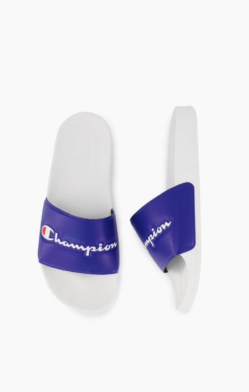 Champion Script Logo Pool Slides Férfi Papucs Fehér Kék | 6092-VNYCP