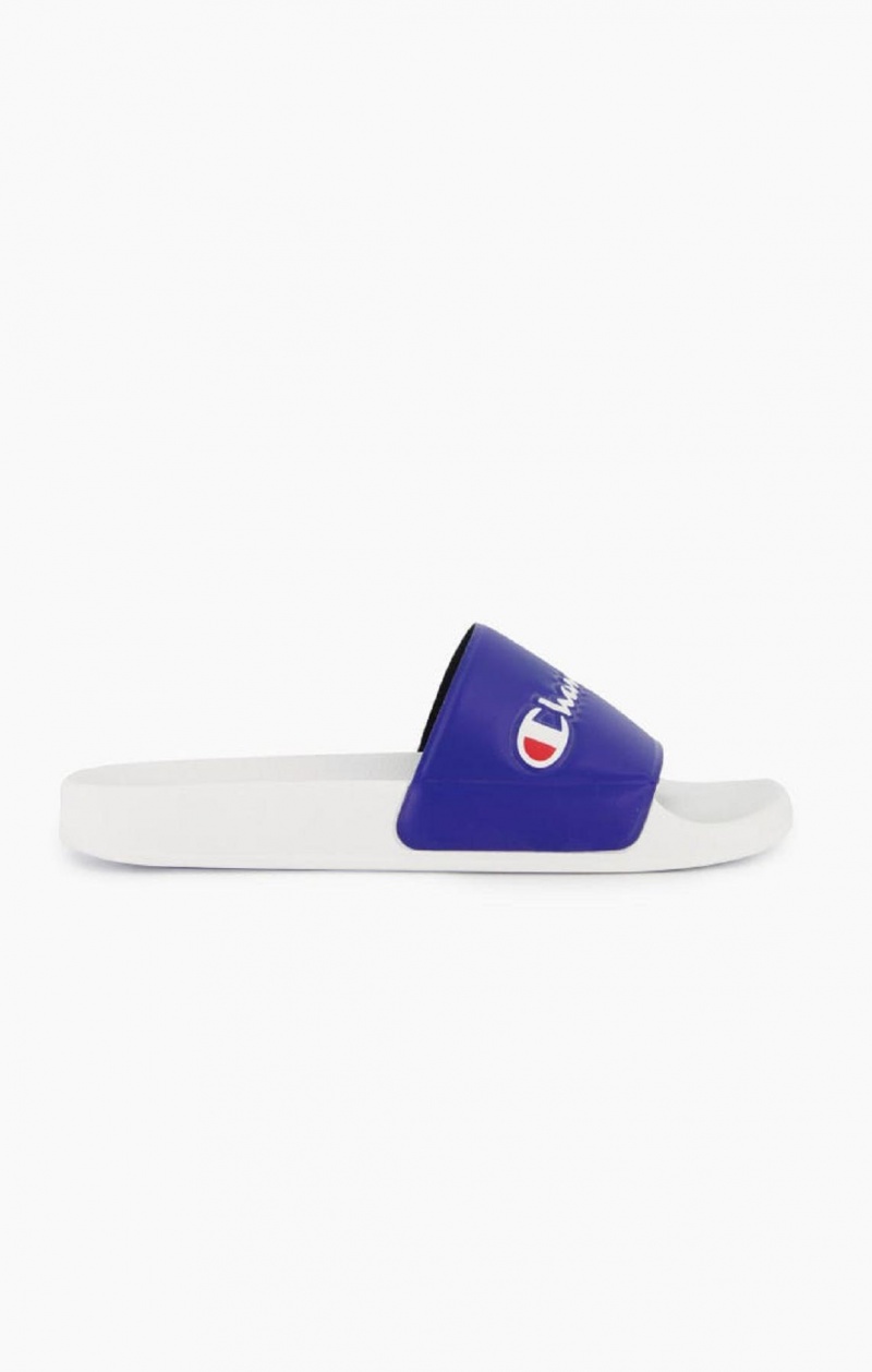 Champion Script Logo Pool Slides Férfi Papucs Fehér Kék | 6092-VNYCP