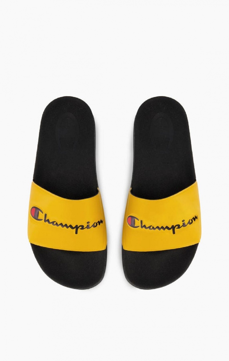 Champion Script Logo Pool Slides Férfi Papucs Sárga Fekete | 5730-ZMQBD