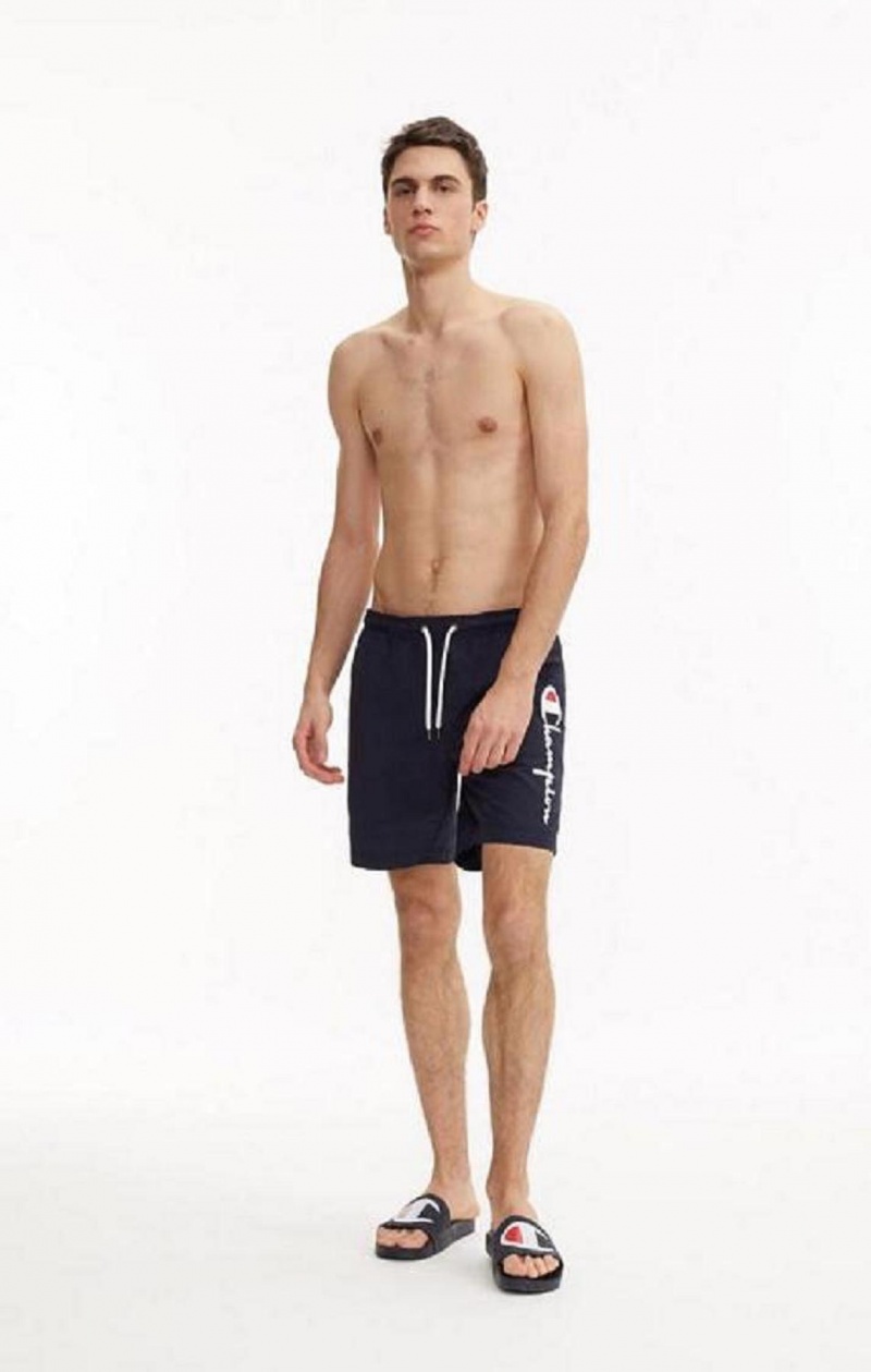 Champion Script Logo Print Board Shorts Férfi Fürdőruha Sötétkék | 3740-VFJUL