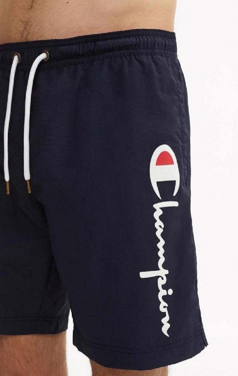 Champion Script Logo Print Board Shorts Férfi Fürdőruha Sötétkék | 3740-VFJUL