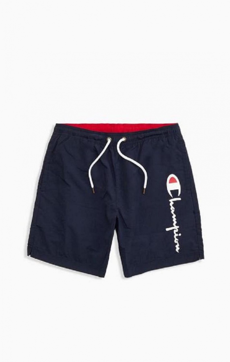 Champion Script Logo Print Board Shorts Férfi Fürdőruha Sötétkék | 3740-VFJUL